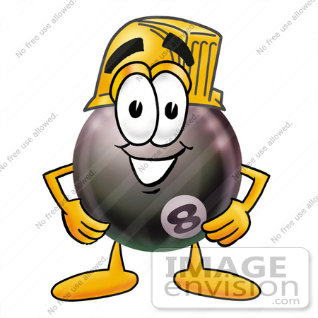 #23833 Clip Art Graphic of a Billiards Eight Ball Cartoon Character Wearing a Hardhat Helmet by toons4biz