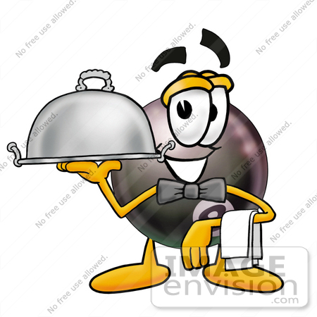 #23834 Clip Art Graphic of a Billiards Eight Ball Cartoon Character Dressed as a Waiter and Holding a Serving Platter by toons4biz