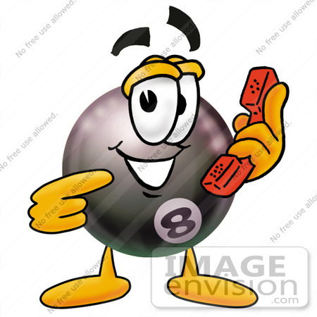 #23835 Clip Art Graphic of a Billiards Eight Ball Cartoon Character Holding a Telephone by toons4biz