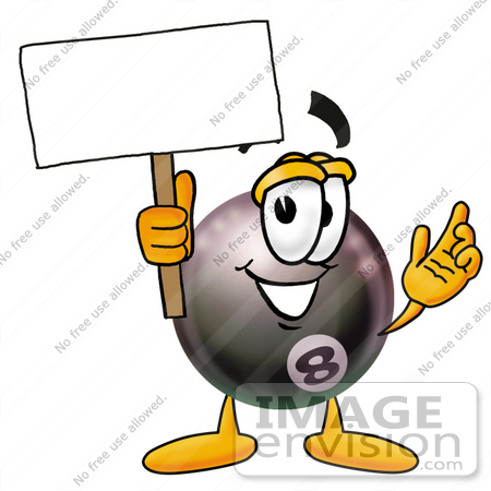 #23836 Clip Art Graphic of a Billiards Eight Ball Cartoon Character Holding a Blank Sign by toons4biz