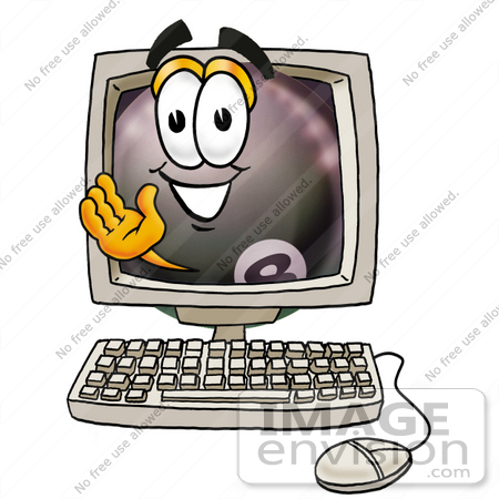 #23837 Clip Art Graphic of a Billiards Eight Ball Cartoon Character Waving From Inside a Computer Screen by toons4biz