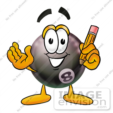 #23838 Clip Art Graphic of a Billiards Eight Ball Cartoon Character Holding a Pencil by toons4biz