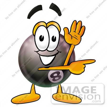 #23839 Clip Art Graphic of a Billiards Eight Ball Cartoon Character Waving and Pointing by toons4biz