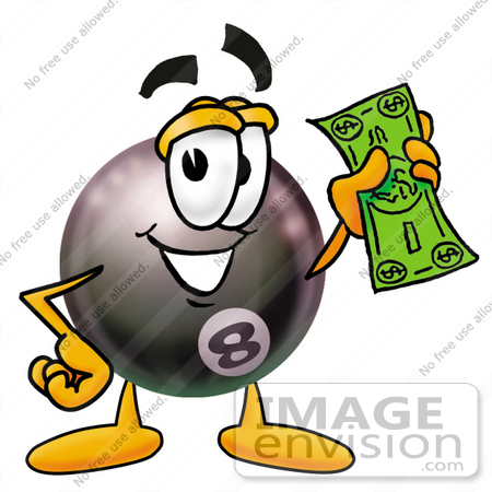 #23842 Clip Art Graphic of a Billiards Eight Ball Cartoon Character Holding a Dollar Bill by toons4biz