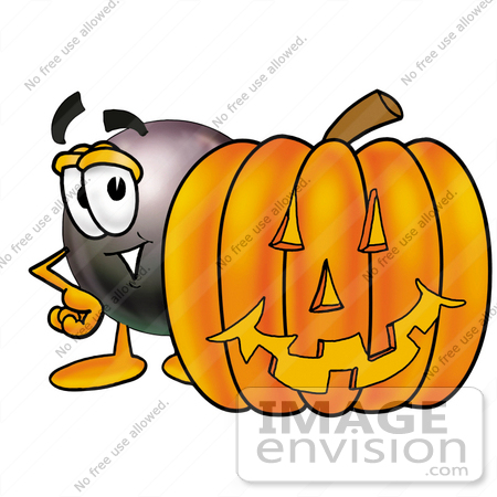 #23845 Clip Art Graphic of a Billiards Eight Ball Cartoon Character With a Carved Halloween Pumpkin by toons4biz