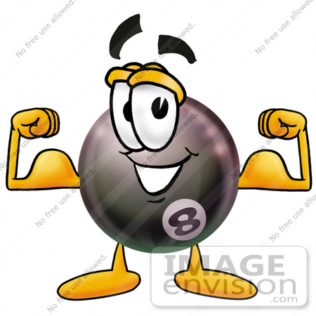 #23846 Clip Art Graphic of a Billiards Eight Ball Cartoon Character Flexing His Arm Muscles by toons4biz
