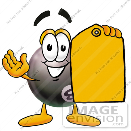 #23849 Clip Art Graphic of a Billiards Eight Ball Cartoon Character Holding a Yellow Sales Price Tag by toons4biz