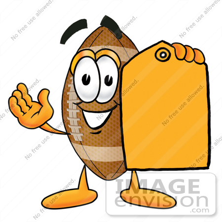 #23851 Clip Art Graphic of a Football Cartoon Character Holding a Yellow Sales Price Tag by toons4biz