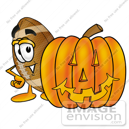 #23853 Clip Art Graphic of a Football Cartoon Character With a Carved Halloween Pumpkin by toons4biz