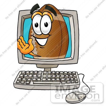 #23861 Clip Art Graphic of a Football Cartoon Character Waving From Inside a Computer Screen by toons4biz