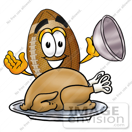#23867 Clip Art Graphic of a Football Cartoon Character Serving a Thanksgiving Turkey on a Platter by toons4biz