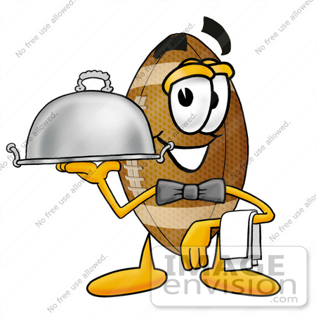 #23871 Clip Art Graphic of a Football Cartoon Character Dressed as a Waiter and Holding a Serving Platter by toons4biz