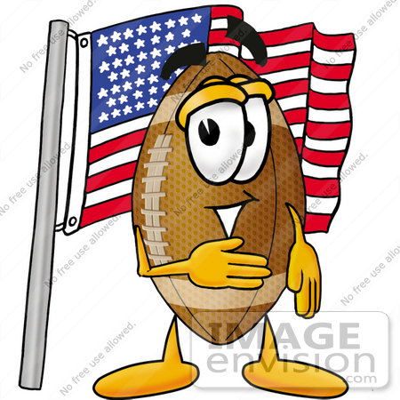 #23873 Clip Art Graphic of a Football Cartoon Character Pledging Allegiance to an American Flag by toons4biz