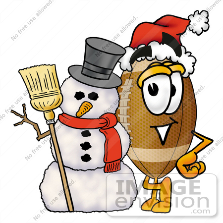 #23876 Clip Art Graphic of a Football Cartoon Character With a Snowman on Christmas by toons4biz