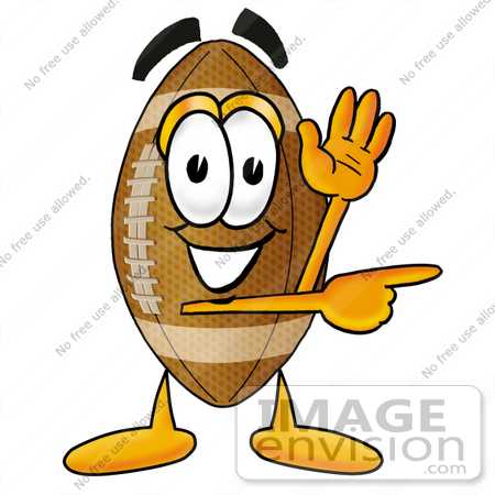#23880 Clip Art Graphic of a Football Cartoon Character Waving and Pointing by toons4biz