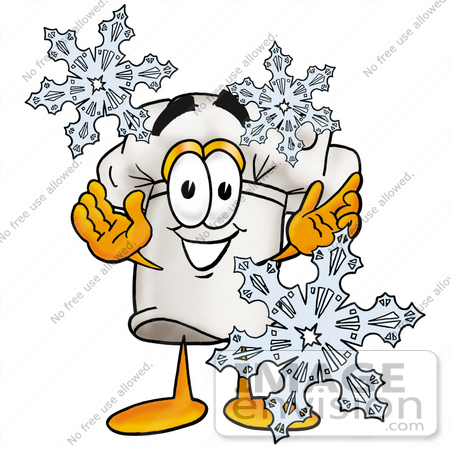 #23882 Clipart Picture of a Chefs Hat Mascot Cartoon Character With Three Snowflakes in Winter by toons4biz
