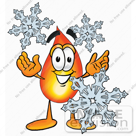 #23883 Clip Art Graphic of a Fire Cartoon Character With Three Snowflakes in Winter by toons4biz