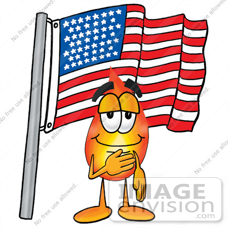 #23885 Clip Art Graphic of a Fire Cartoon Character Pledging Allegiance to an American Flag by toons4biz
