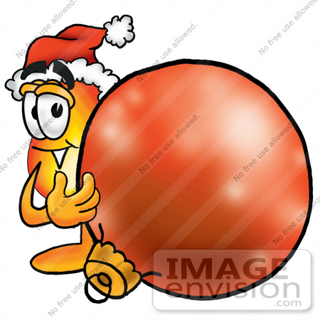 #23887 Clip Art Graphic of a Fire Cartoon Character Wearing a Santa Hat, Standing With a Christmas Bauble by toons4biz