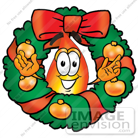 #23889 Clip Art Graphic of a Fire Cartoon Character in the Center of a Christmas Wreath by toons4biz