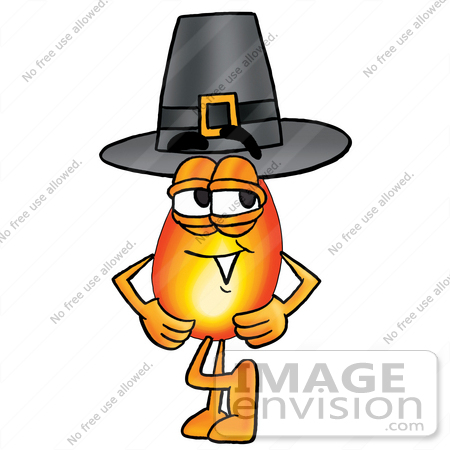 #23890 Clip Art Graphic of a Fire Cartoon Character Wearing a Pilgrim Hat on Thanksgiving by toons4biz