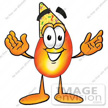 #23891 Clip Art Graphic of a Fire Cartoon Character Wearing a Birthday Party Hat by toons4biz
