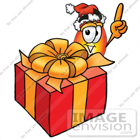 #23892 Clip Art Graphic of a Fire Cartoon Character Standing by a Christmas Present by toons4biz