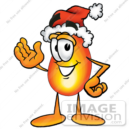 #23893 Clip Art Graphic of a Fire Cartoon Character Wearing a Santa Hat and Waving by toons4biz