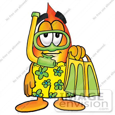 #23894 Clip Art Graphic of a Fire Cartoon Character in Green and Yellow Snorkel Gear by toons4biz