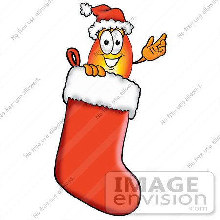#23898 Clip Art Graphic of a Fire Cartoon Character Wearing a Santa Hat Inside a Red Christmas Stocking by toons4biz