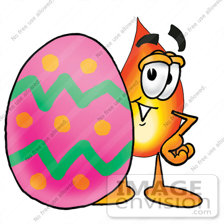 #23899 Clip Art Graphic of a Fire Cartoon Character Standing Beside an Easter Egg by toons4biz