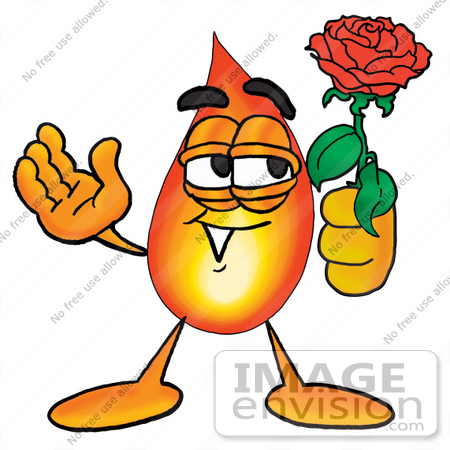 #23900 Clip Art Graphic of a Fire Cartoon Character Holding a Red Rose on Valentines Day by toons4biz