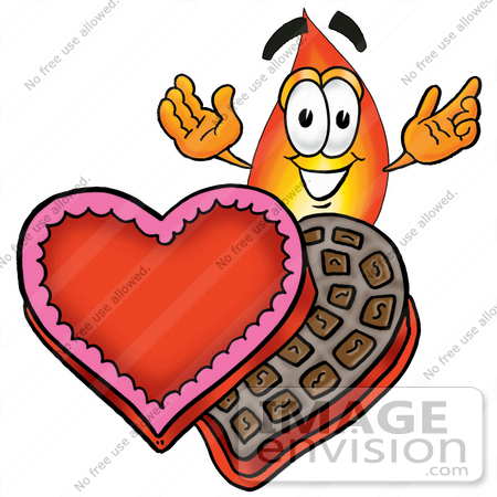 #23902 Clip Art Graphic of a Fire Cartoon Character With an Open Box of Valentines Day Chocolate Candies by toons4biz