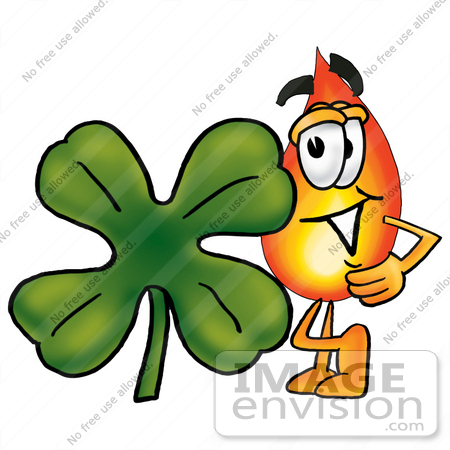 #23903 Clip Art Graphic of a Fire Cartoon Character With a Green Four Leaf Clover on St Paddy’s or St Patricks Day by toons4biz