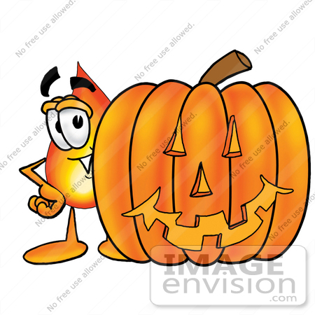 #23904 Clip Art Graphic of a Fire Cartoon Character With a Carved Halloween Pumpkin by toons4biz