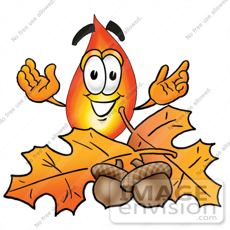 #23905 Clip Art Graphic of a Fire Cartoon Character With Autumn Leaves and Acorns in the Fall by toons4biz