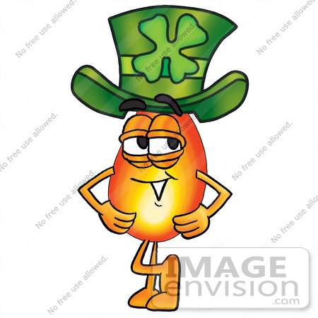 #23906 Clip Art Graphic of a Fire Cartoon Character Wearing a Saint Patricks Day Hat With a Clover on it by toons4biz