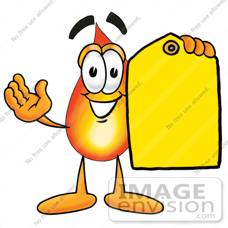#23908 Clip Art Graphic of a Fire Cartoon Character Holding a Yellow Sales Price Tag by toons4biz