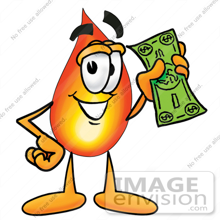 #23909 Clip Art Graphic of a Fire Cartoon Character Holding a Dollar Bill by toons4biz