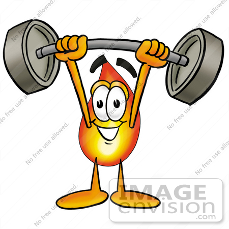 #23913 Clip Art Graphic of a Fire Cartoon Character Holding a Heavy Barbell Above His Head by toons4biz