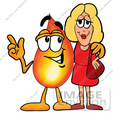#23914 Clip Art Graphic of a Fire Cartoon Character Talking to a Pretty Blond Woman by toons4biz
