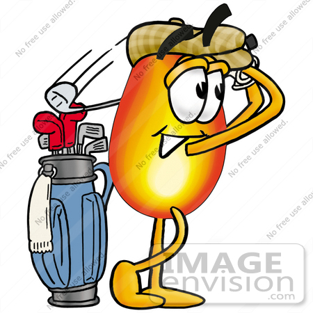 #23916 Clip Art Graphic of a Fire Cartoon Character Swinging His Golf Club While Golfing by toons4biz