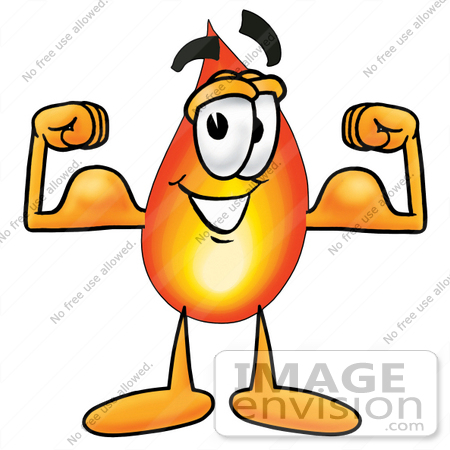 #23919 Clip Art Graphic of a Fire Cartoon Character Flexing His Arm Muscles by toons4biz