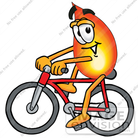 #23924 Clip Art Graphic of a Fire Cartoon Character Riding a Bicycle by toons4biz