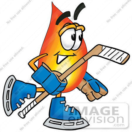 #23928 Clip Art Graphic of a Fire Cartoon Character Playing Ice Hockey by toons4biz