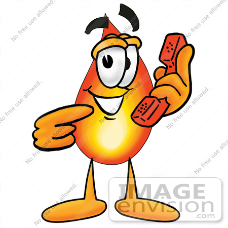 #23931 Clip Art Graphic of a Fire Cartoon Character Holding a Telephone by toons4biz