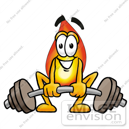 #23933 Clip Art Graphic of a Fire Cartoon Character Lifting a Heavy Barbell by toons4biz