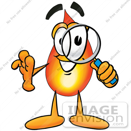 #23934 Clip Art Graphic of a Fire Cartoon Character Looking Through a Magnifying Glass by toons4biz