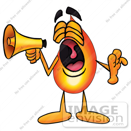 #23937 Clip Art Graphic of a Fire Cartoon Character Screaming Into a Megaphone by toons4biz