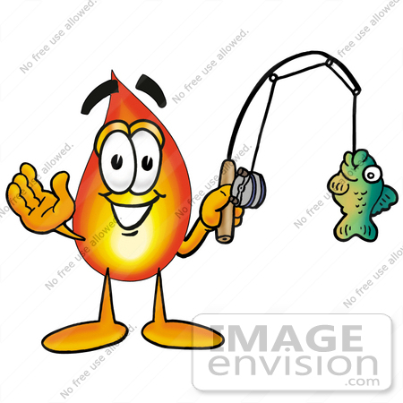 #23938 Clip Art Graphic of a Fire Cartoon Character Holding a Fish on a Fishing Pole by toons4biz